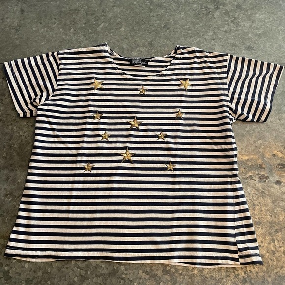 Vintage Gold Star Blue White Stripe Tee Shirt California Designers Womens M/L - Picture 1 of 14